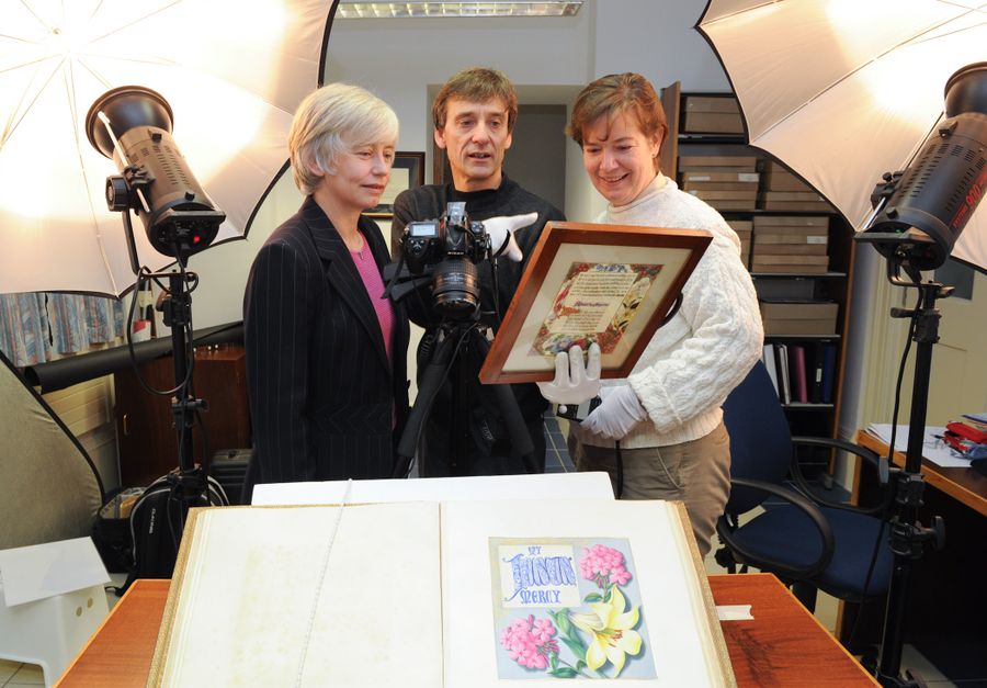 Marianne Cosgrave, David Knight, Mary Kay Dobrovolny rsm at commencement of archival digitisation project, 2012